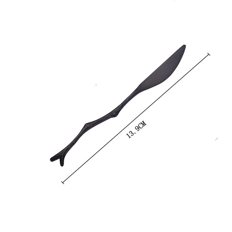 Couteau à dessert en acier inoxydable à finition noire mate, au design moderne épuré et à la poignée ergonomique, provenant de l’ensemble d’ustensiles de dessert à branches.