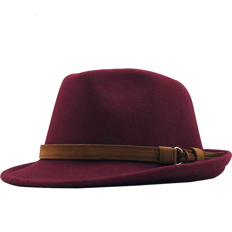 A burgundy wool fedora hat with a tan leather strap and buckle.