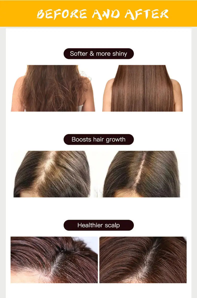 Vorher-Nachher-Vergleich von Rosmarin-Haarwachstumsöl für Anti-Frizz- und Kopfhautbehandlung, der die Verwandlung von stumpfem, frizzigem braunem Haar in glatte, glänzende Strähnen mit gesünderer Kopfhaut und gesteigertem Haarwuchs zeigt