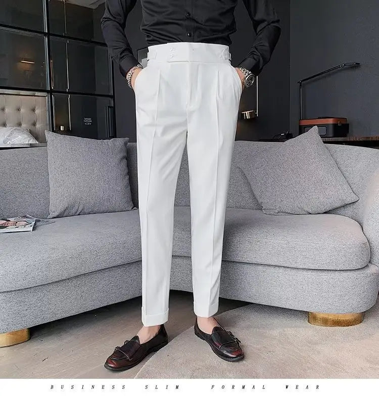 white slim-fit formal trousers with structured tailored design and subtle pleats from the korean style slim fit men trousers collection