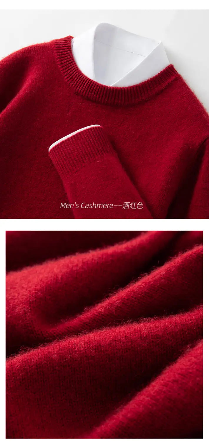 Herren-Strickpullover mit einfarbiger Strickware, Slim Fit, in tiefem, sattem Rot aus Kaschmir mit weicher, samtiger Haptik und gerippten Bündchen.