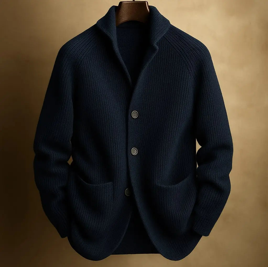 Dunkelblauer gerippter Strick-Cardigan für Herren mit drei Knöpfen und vorderen Taschen, entworfen als Casual-Pocket-Button-Jacket.