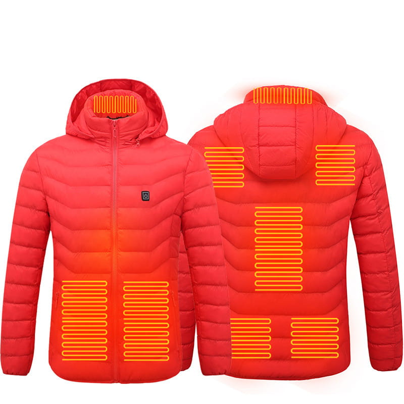 Unisex red electric heated hooded puffer jacket featuring nine glowing orange heating zones and a black control panel on the chest.