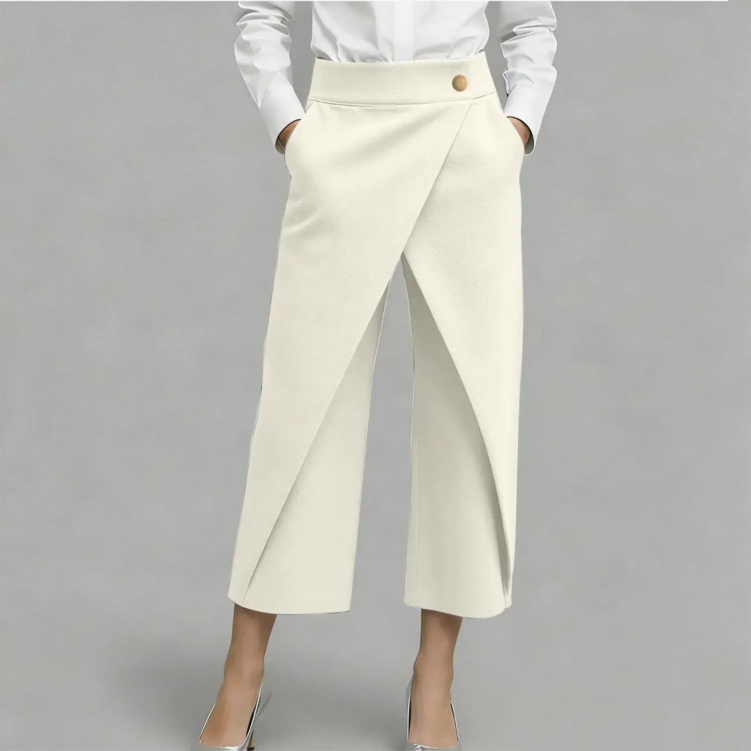 cremefarbene High-Waist-Wide-Leg-Hosen mit drapiertem Vorderteil und einfachem Knopfverschluss aus weichem Stoff.