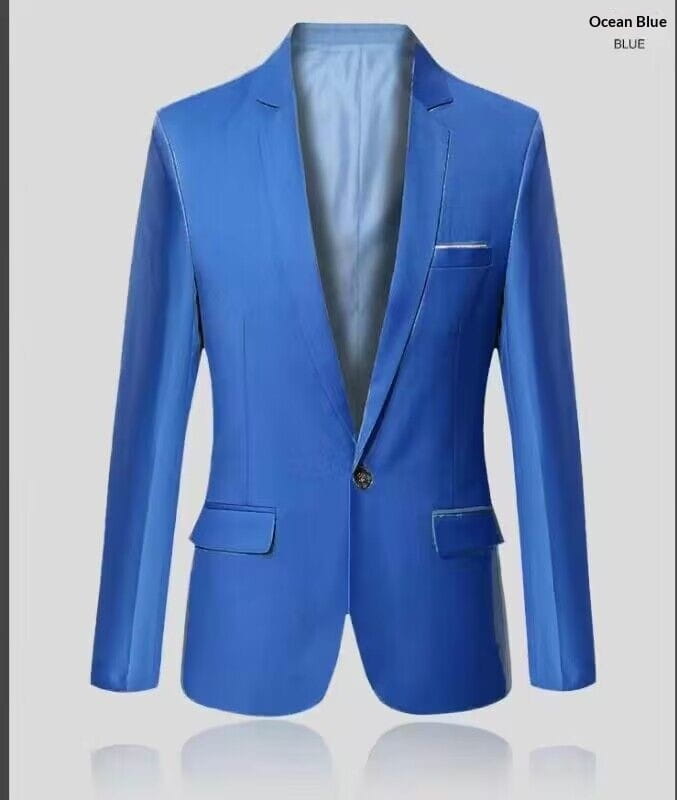 Herren-Slim-Fit-Fuchsia-Freizeitblazer in Ozeanblau mit einer eleganten, maßgeschneiderten Passform und kontrastierendem hellblauem Innenfutter
