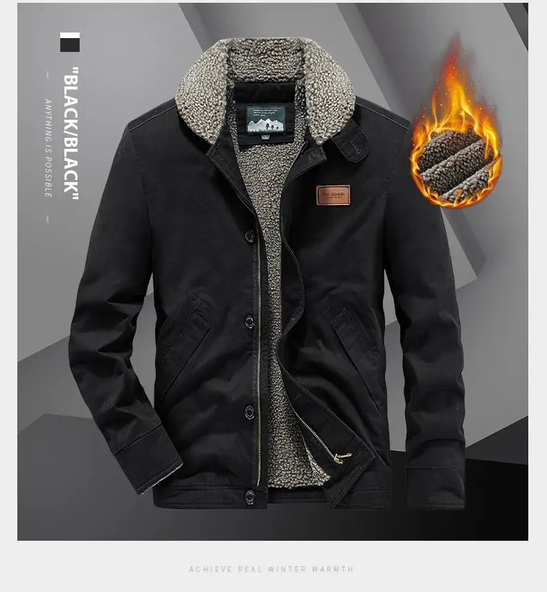 Mens fleece lined winter cotton jacket in black featuring a plush gray shearling collar and lining for added warmth.