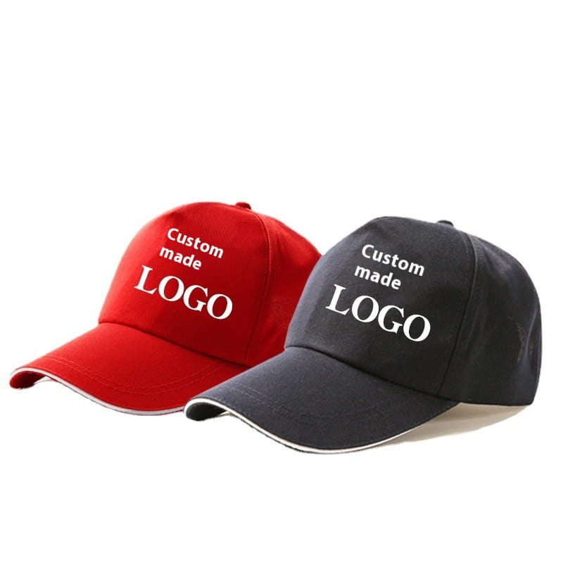 Casquettes de baseball unisexes rouge et noire en coton et polyester, dotées d’un logo sur mesure blanc à l’avant, conçues comme des chapeaux de soleil.