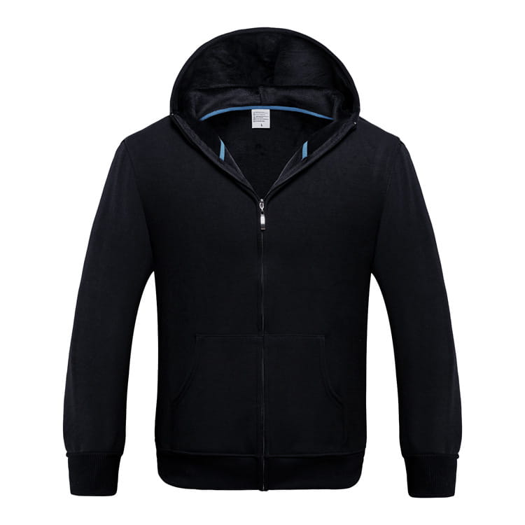 men’s contrast trim fleece zip hoodie in black featuring a soft fleece interior and subtle blue trim along the collar.