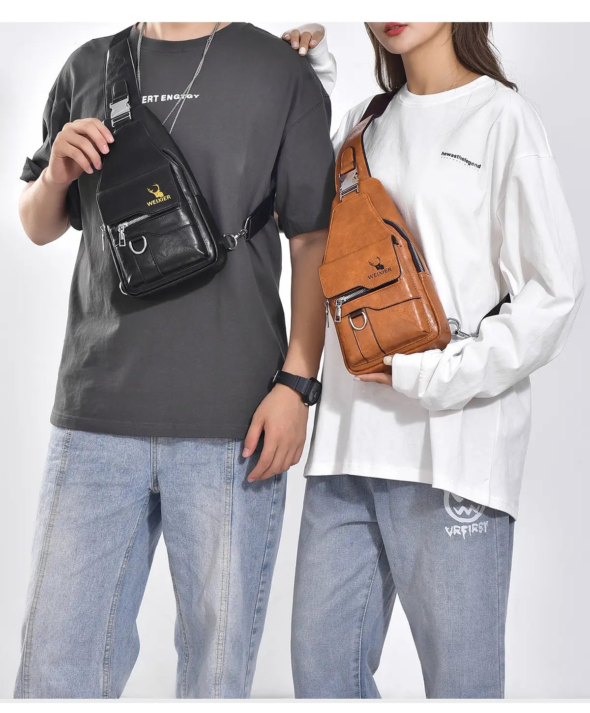 men’s retro waterproof faux leather crossbody chest bags in black and tan with gold-tone branding.