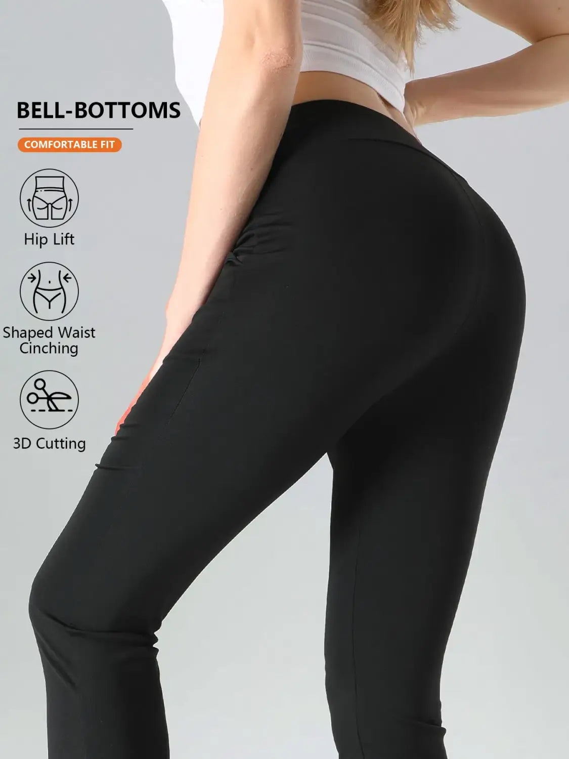 Black high waisted sharkskin flare leggings with a comfortable form-fitting design that accentuates the hips and waist.