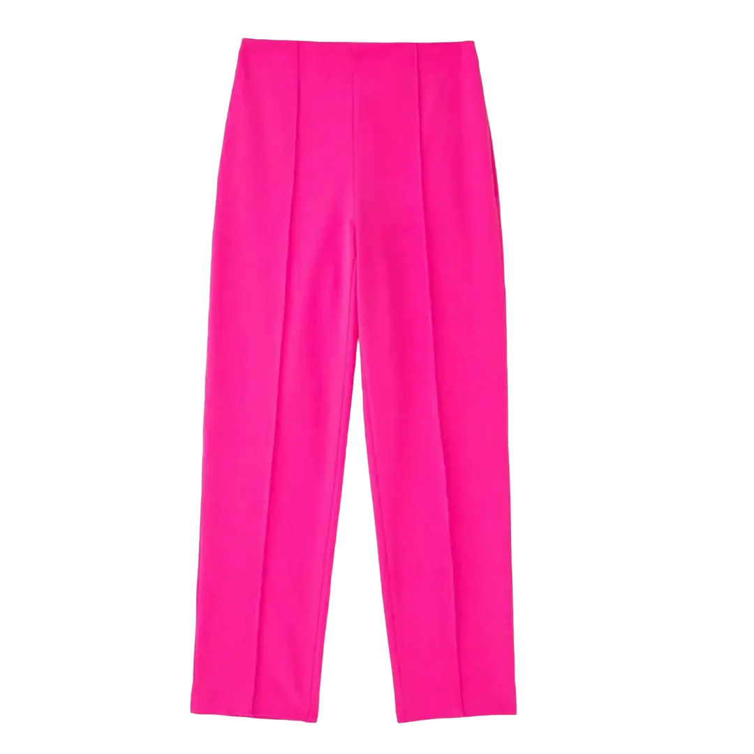 Bright fuchsia high-waisted trousers with a sleek straight-leg cut and subtle front pleats paired with feather cuff sequined blazer coat