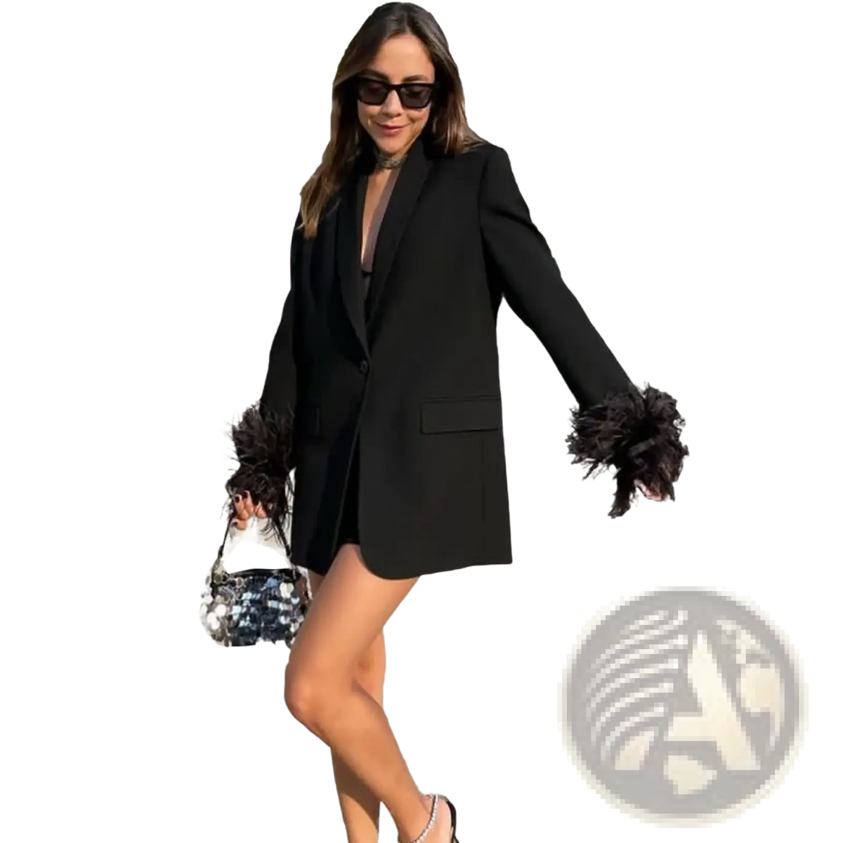 Black sequined blazer coat with feathered cuffs showcasing a stylish and elegant outerwear option