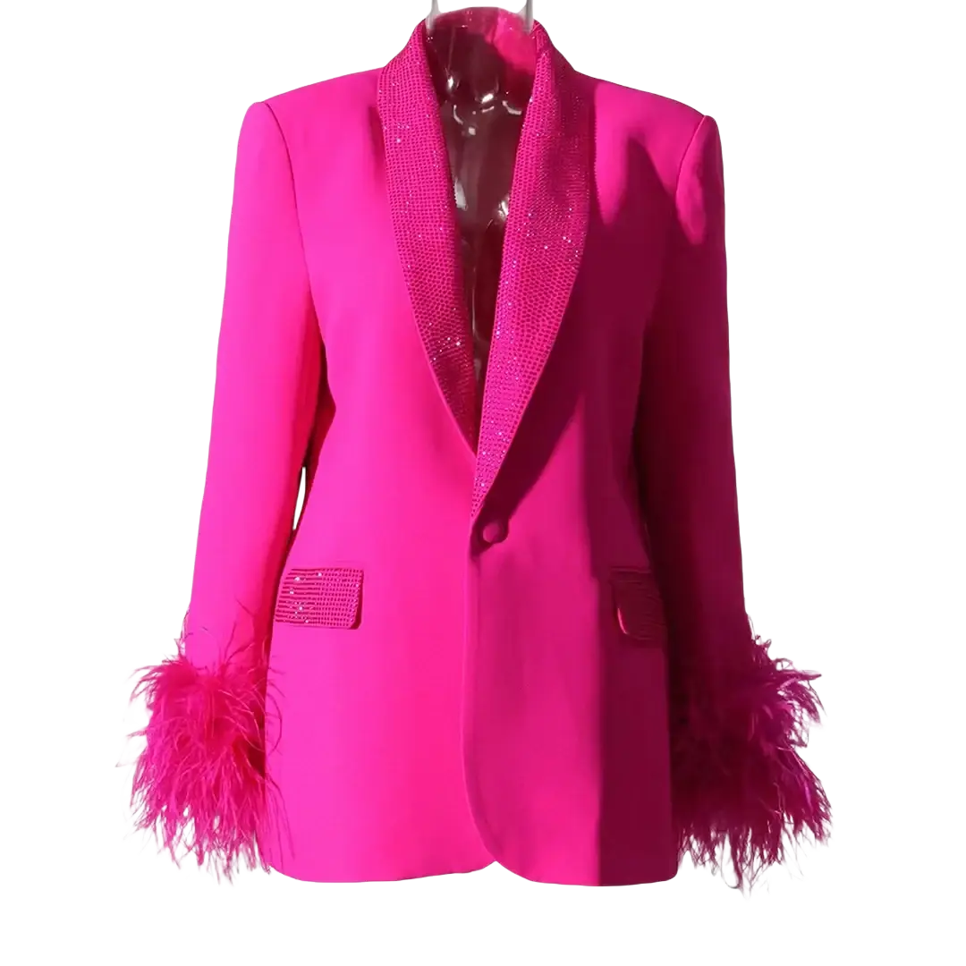 A vibrant fuchsia feather cuff sequined blazer coat with sparkling lapel and decorative cuffs