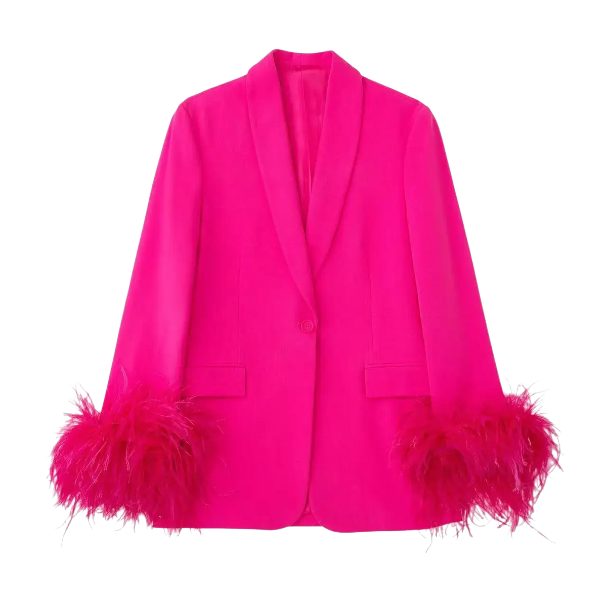 Vibrant fuchsia feather cuff sequined blazer coat showcasing feathered cuffs and eye-catching sequins for formal wear