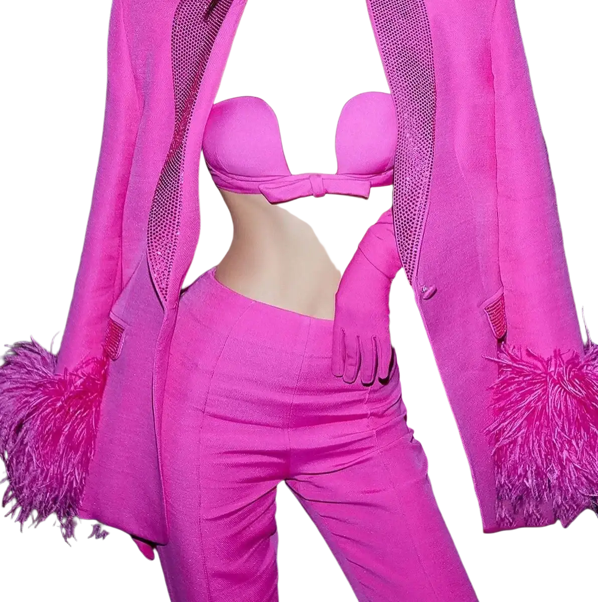 Vibrant fuchsia pink feather cuff sequined blazer coat with mesh detailing and feathered cuffs for elegant occasions