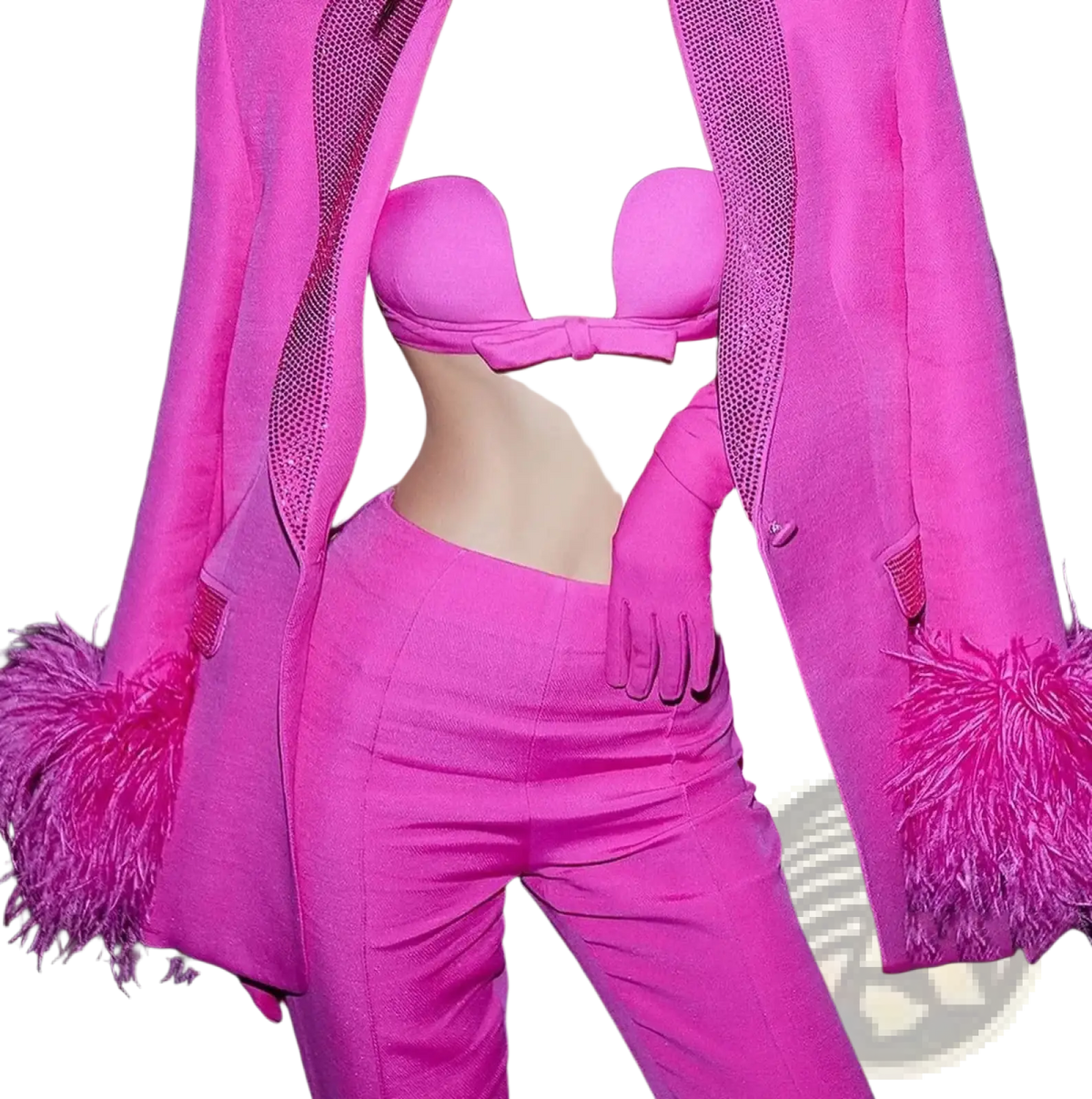 Vibrant fuchsia pink feather cuff sequined blazer coat with mesh detailing and feathered cuffs for elegant occasions