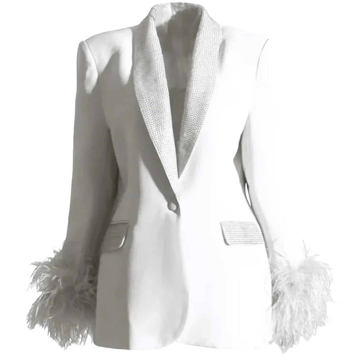 White blazer with shimmering textured lapel and feathered cuffs in a feather cuff sequined blazer coat design