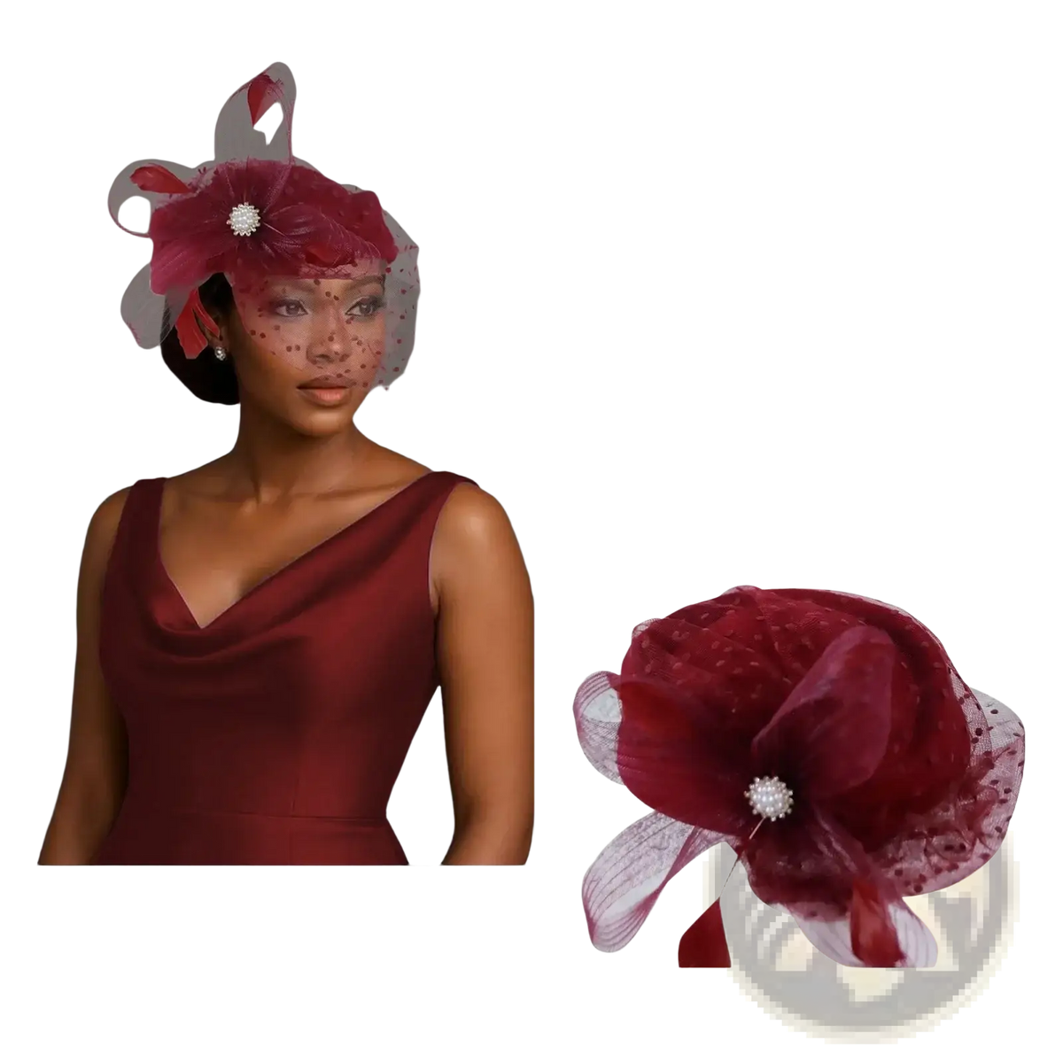 A maroon feather fascinator pillbox hat with a sheer mesh veil, rhinestone brooch, and ribbon accents for weddings