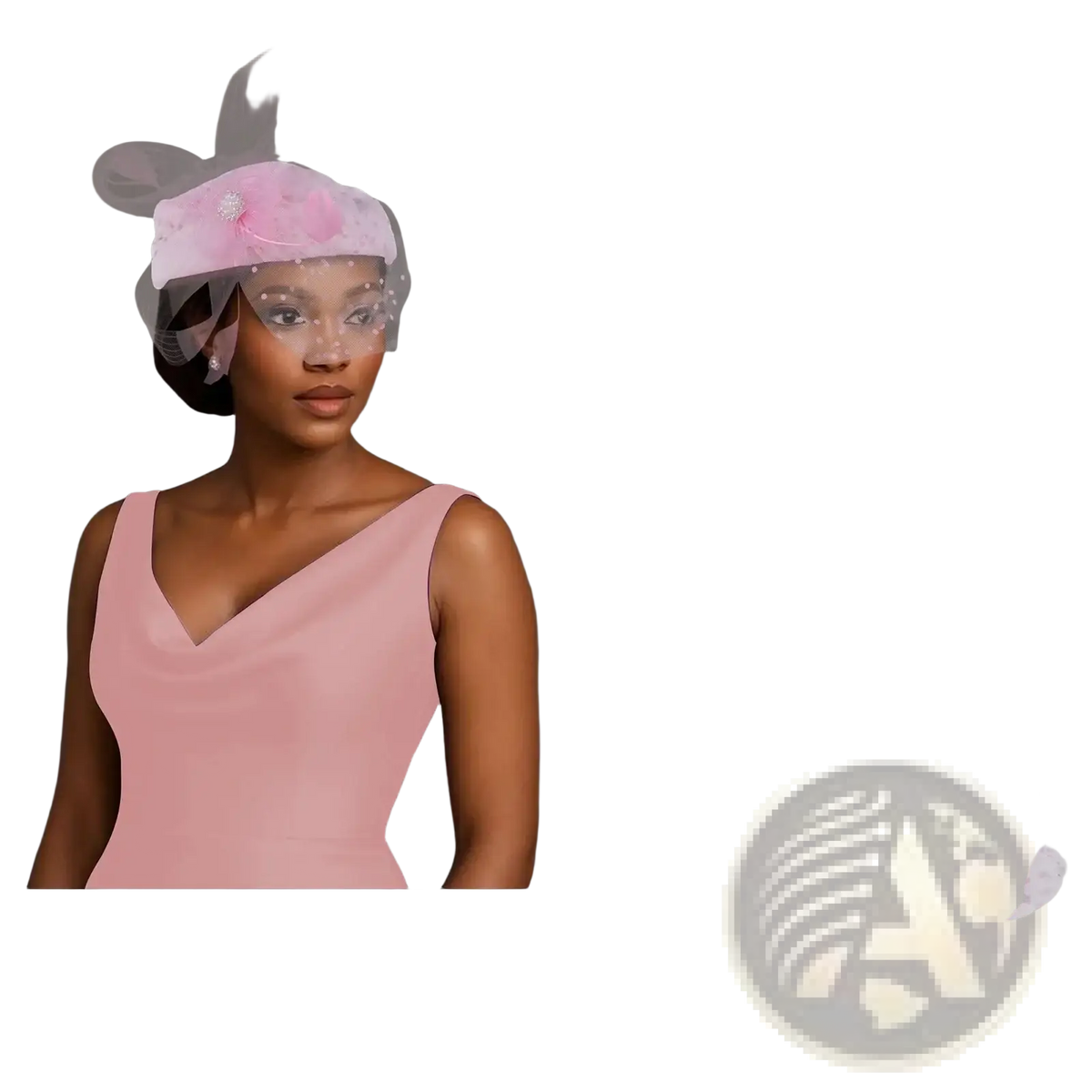 Pink feather fascinator pillbox hat with sheer veil and crystal embellishment for women wedding attire