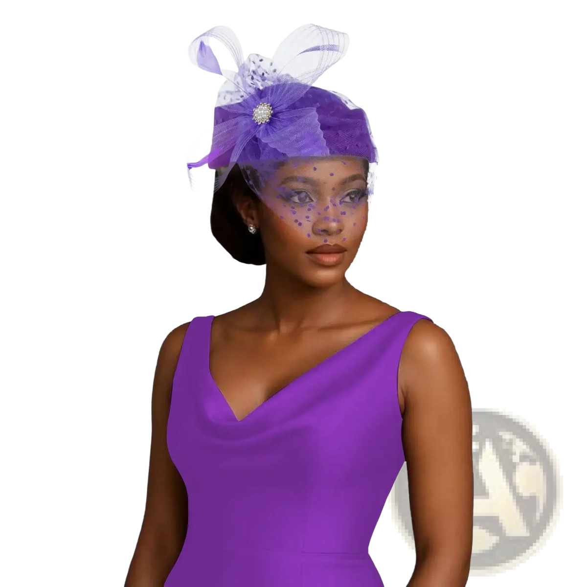Feather fascinator pillbox hat for women wedding in purple with sheer mesh and crystal embellished bow