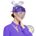 Purple feather fascinator pillbox hat for women wedding with sheer mesh veil and feather accents