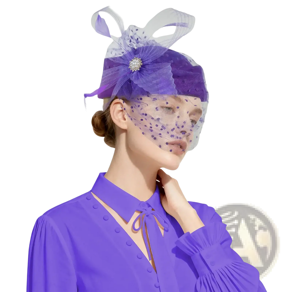 Purple feather fascinator pillbox hat for women wedding with sheer mesh veil and feather accents