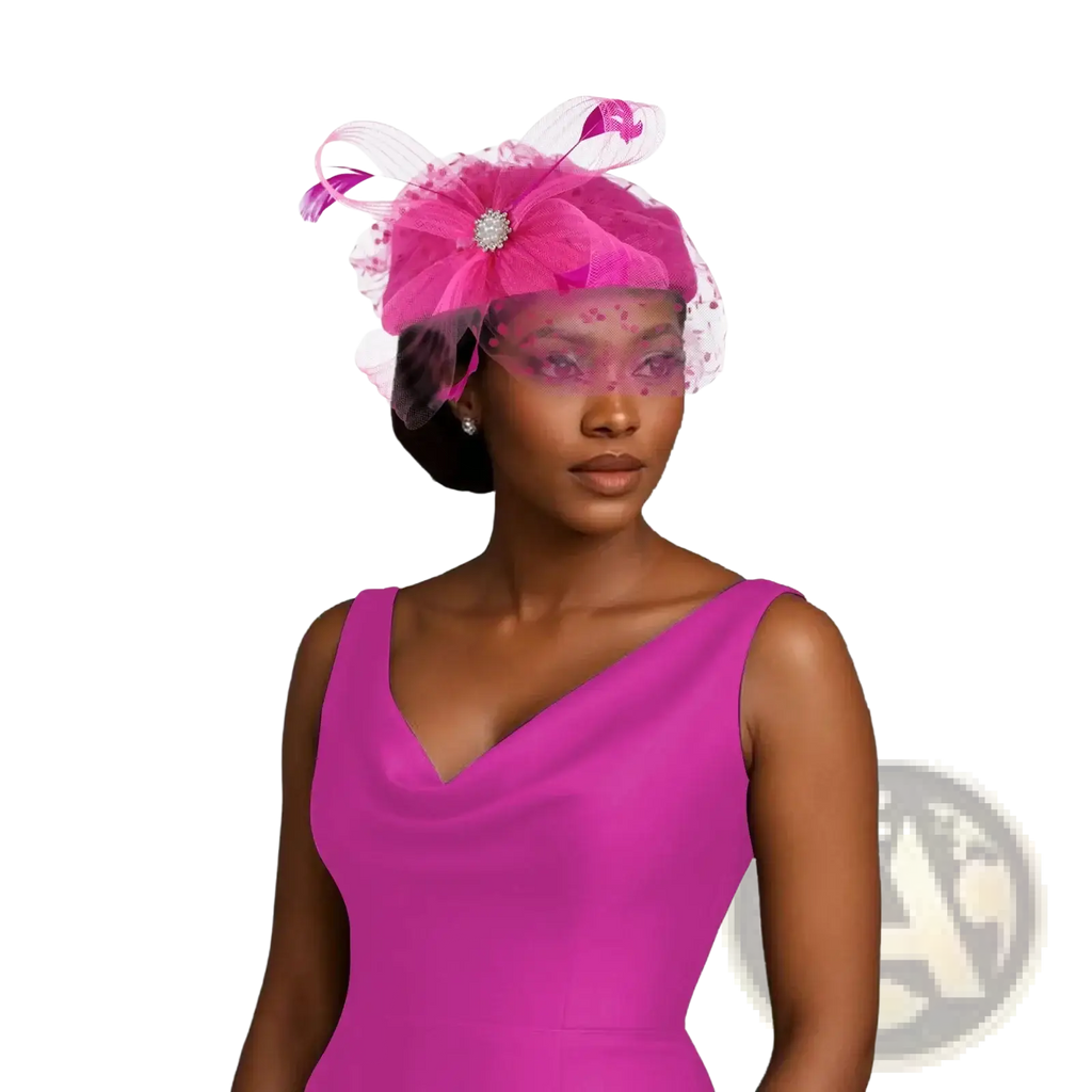 A vibrant fuchsia feather fascinator pillbox hat with sheer mesh and crystal embellishment for women wedding