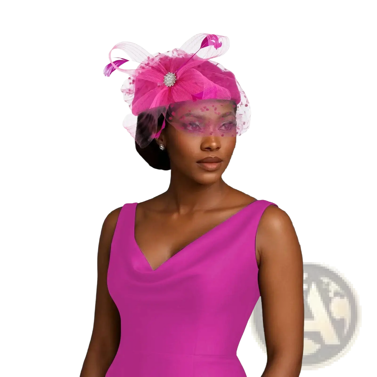 A vibrant fuchsia feather fascinator pillbox hat with sheer mesh and crystal embellishment for women wedding