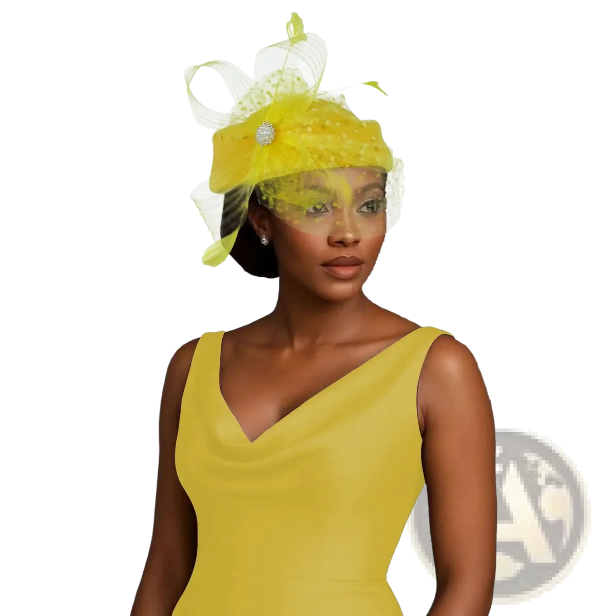 Feather fascinator pillbox hat for women wedding in vibrant yellow with sheer mesh, delicate feathers, and rhinestone accent