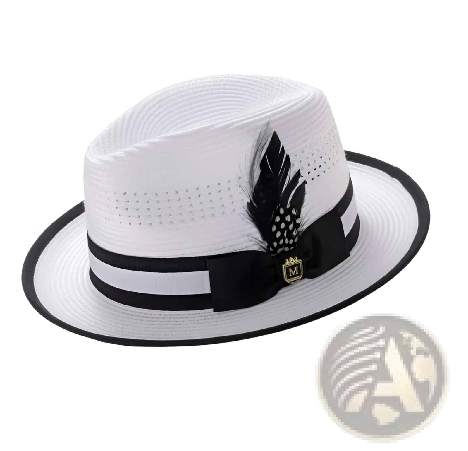 White straw fedora sun hat with black ribbon band, decorative black feather, and gold-toned logo plaque