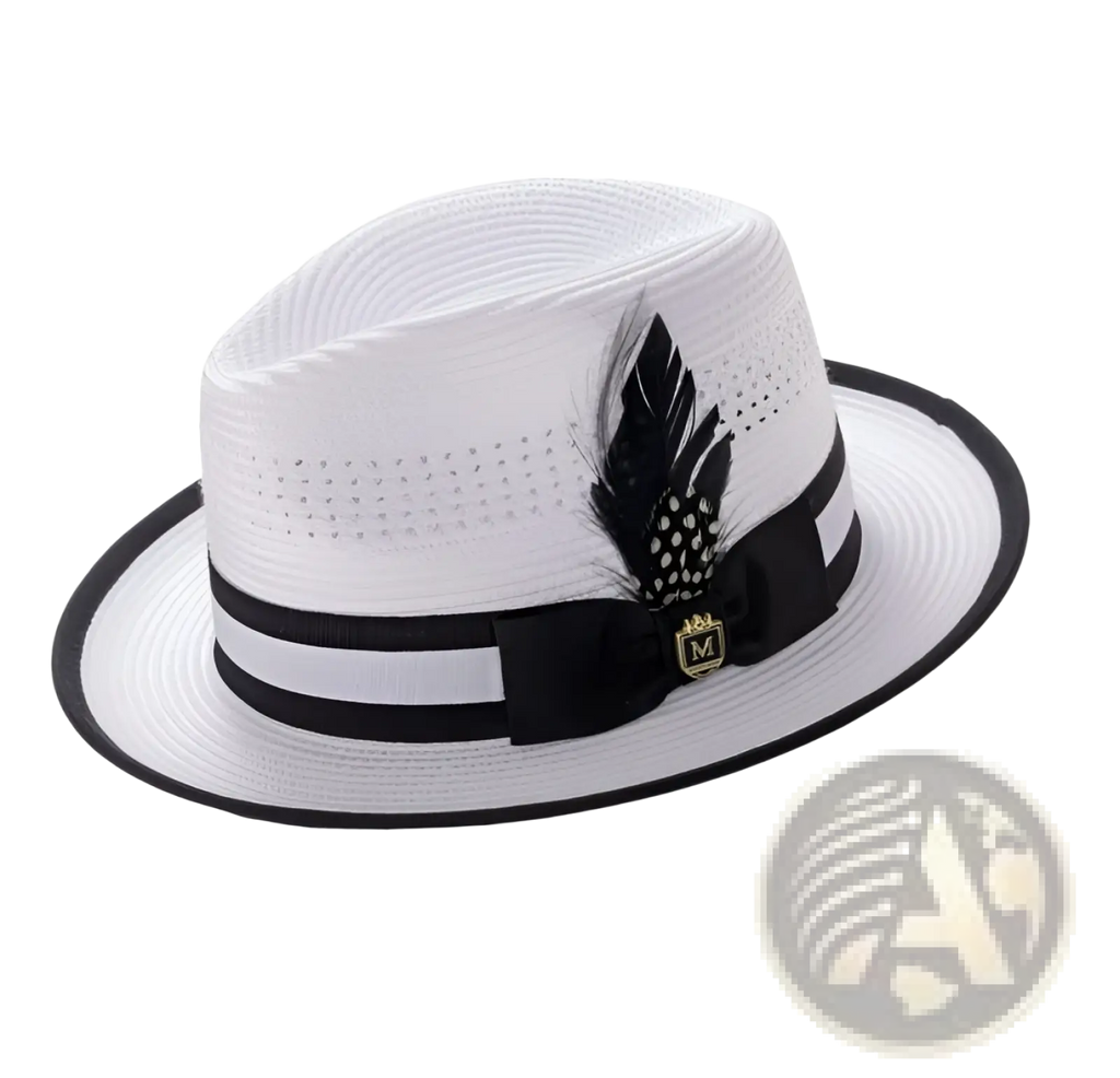 White straw fedora sun hat with black ribbon band, decorative black feather, and gold-toned logo plaque