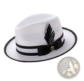 White straw fedora sun hat with black ribbon band, decorative black feather, and gold-toned logo plaque
