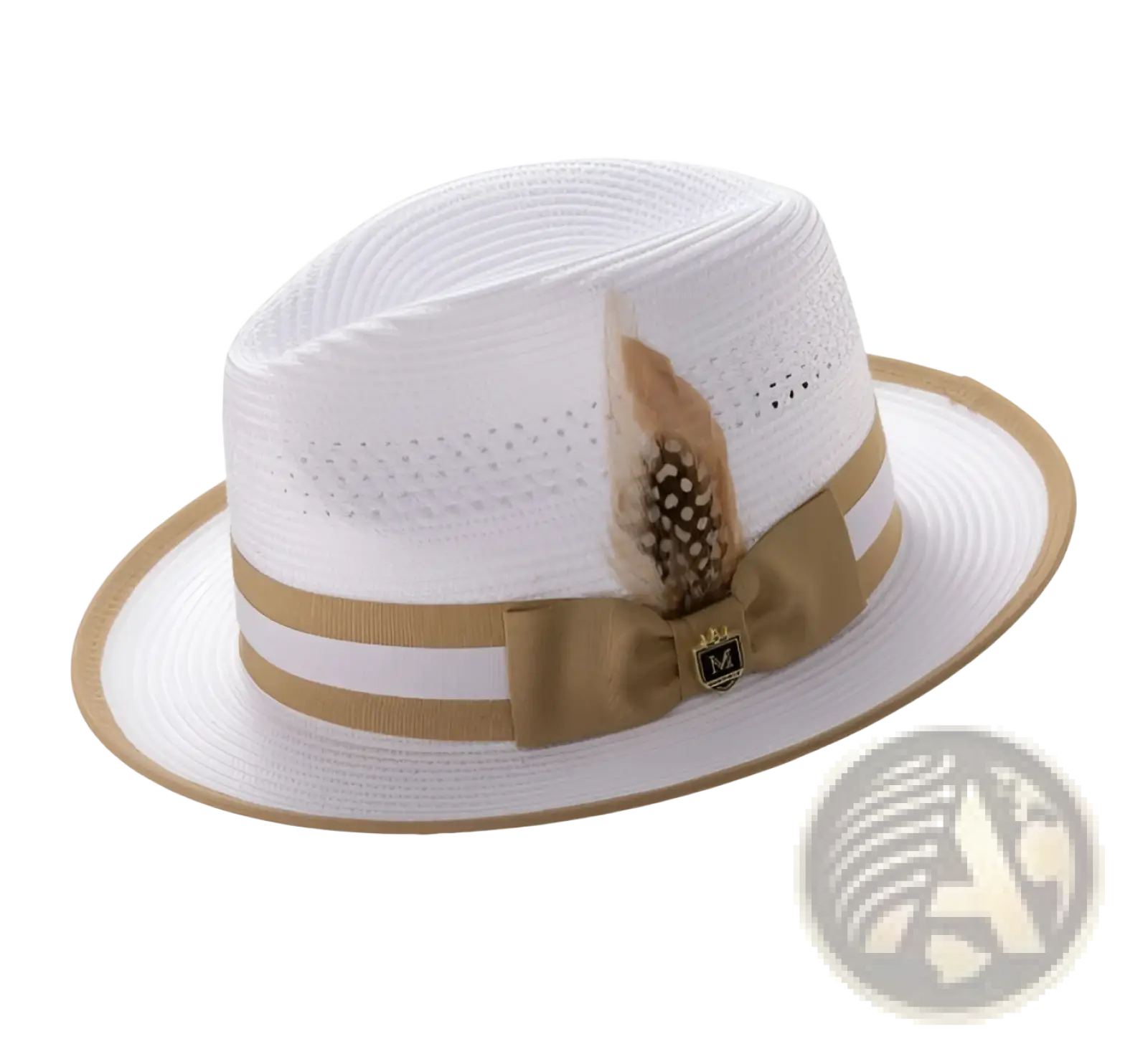 White woven feather straw fedora sun hat with tan ribbon band decorative feather and gold-tone emblem