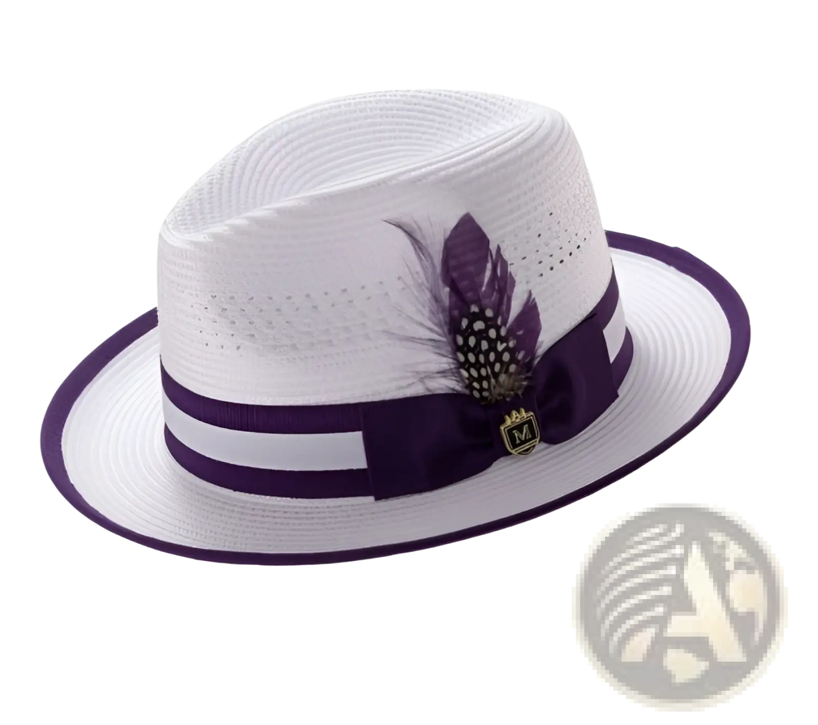 White straw fedora sun hat with purple ribbon band, decorative feather, and gold emblem accent