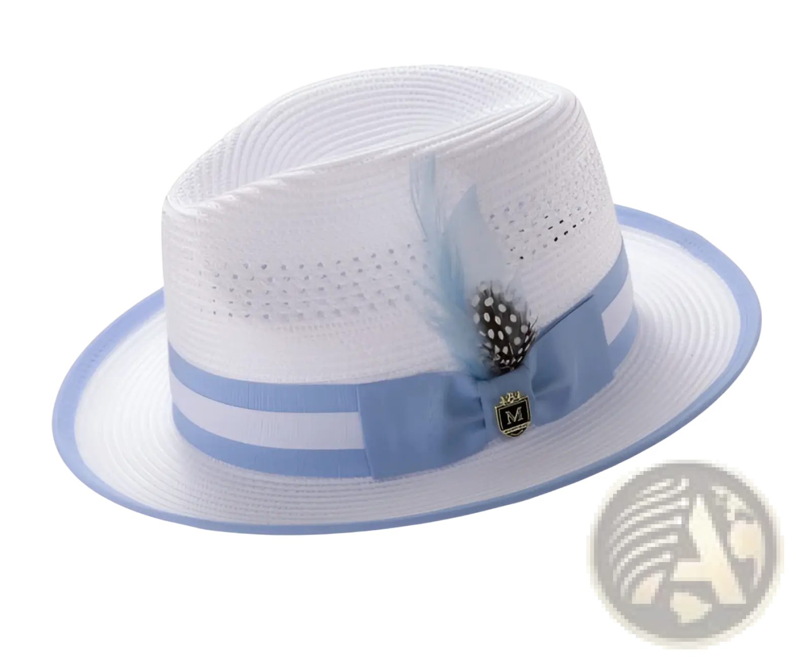 White straw fedora sun hat with light blue ribbon band and decorative feather accent for stylish sun protection
