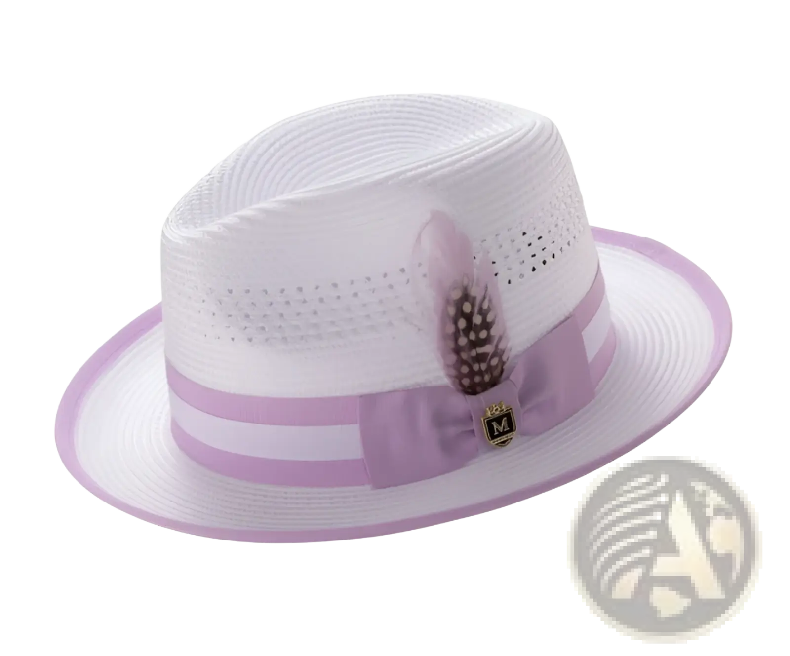 White straw fedora sun hat with lavender ribbon band and decorative feather accent for stylish sun protection