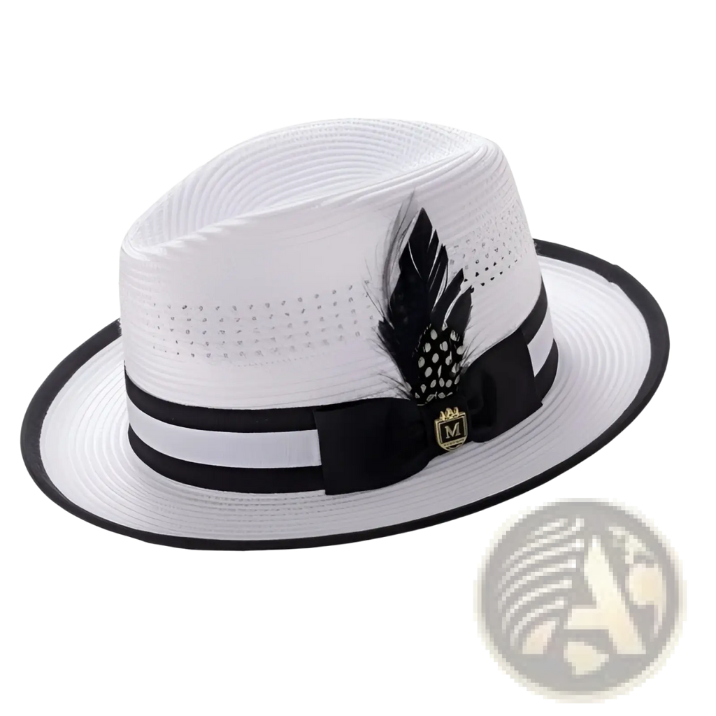 White straw fedora sun hat with black ribbon band feather accent and gold emblem for stylish sun protection