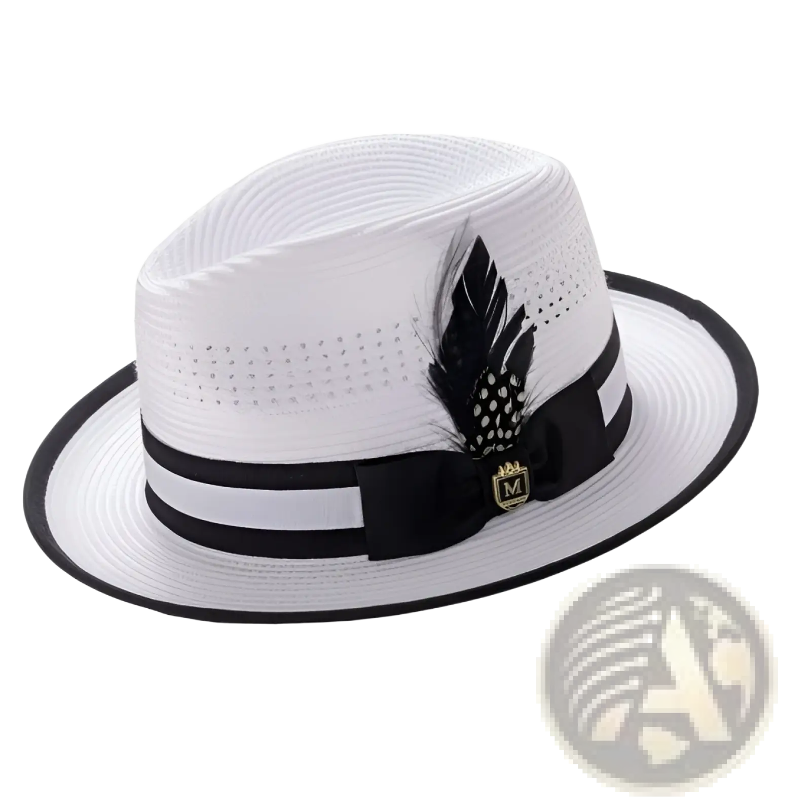 White straw fedora sun hat with black ribbon band feather accent and gold emblem for stylish sun protection