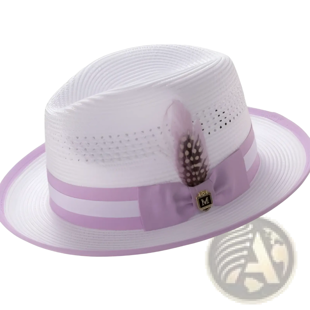 White straw feather fedora sun hat with lavender ribbon band and decorative feather accent