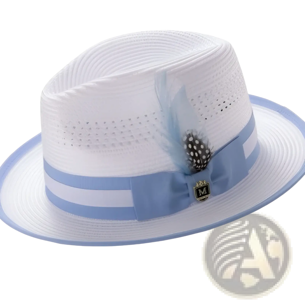 Feather straw fedora sun hat in white with a light blue ribbon band and decorative feather accent