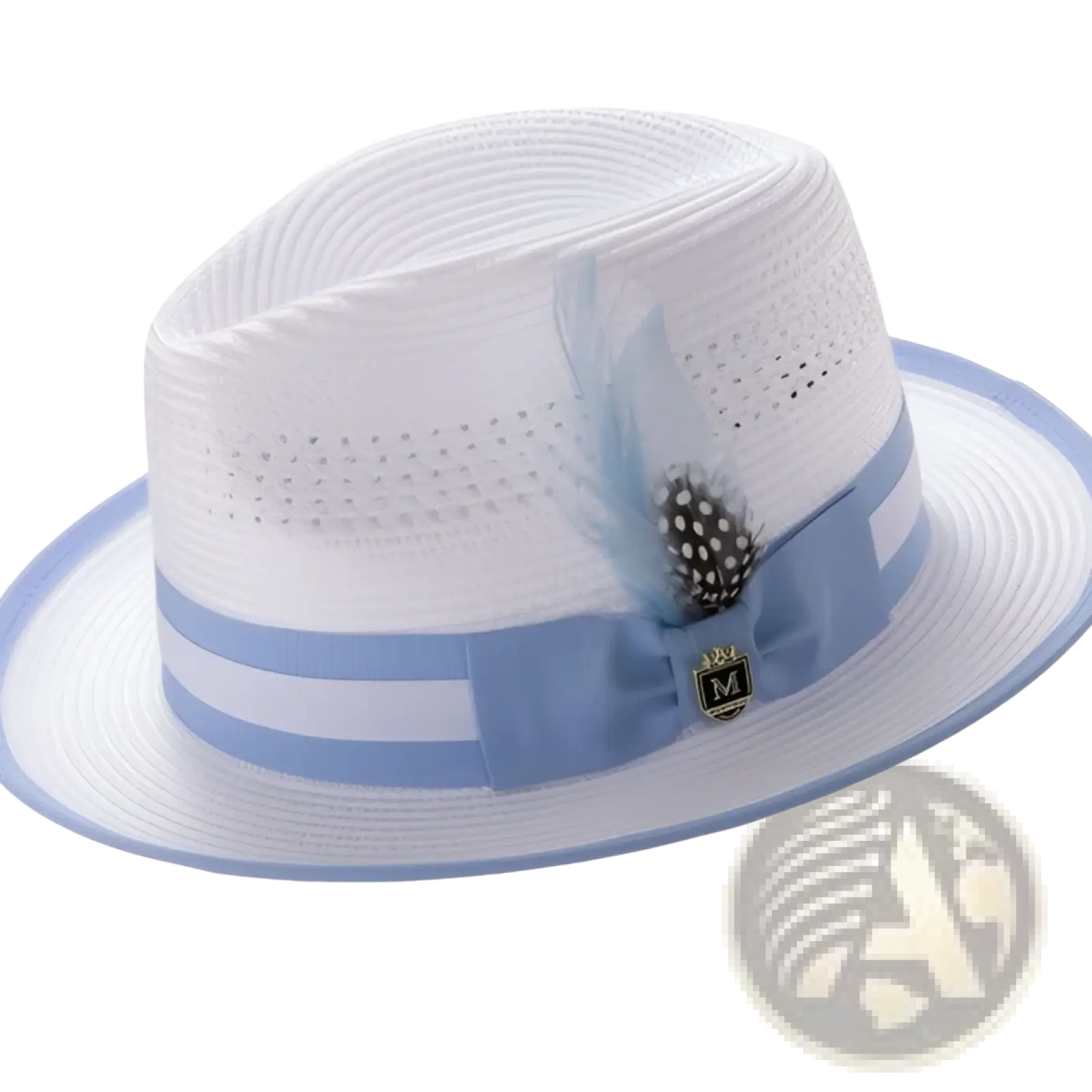 Feather straw fedora sun hat in white with a light blue ribbon band and decorative feather accent