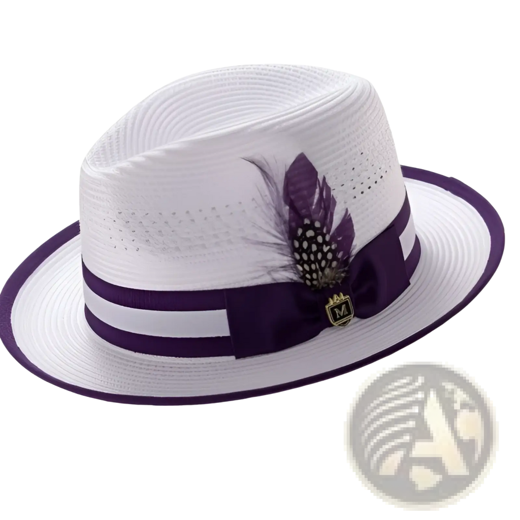 White straw fedora sun hat with purple ribbon band and decorative feather accent for stylish sun protection