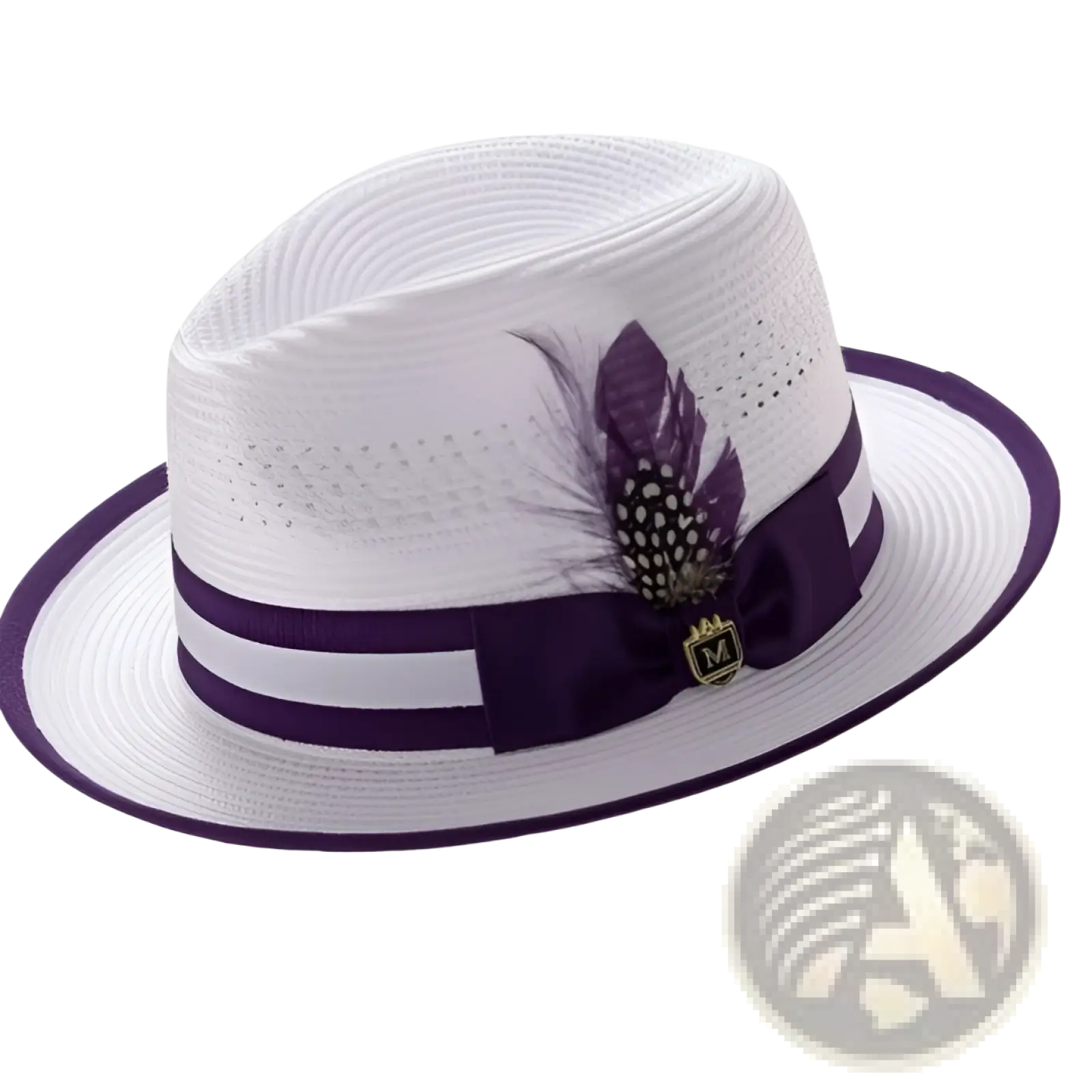 White straw fedora sun hat with purple ribbon band and decorative feather accent for stylish sun protection