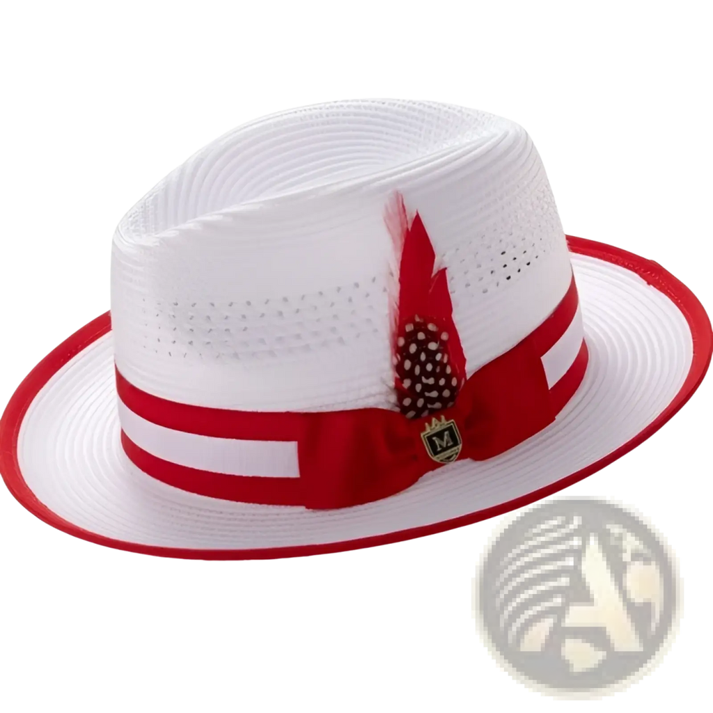 White straw fedora sun hat with red ribbon band and decorative feather accent for stylish sun protection