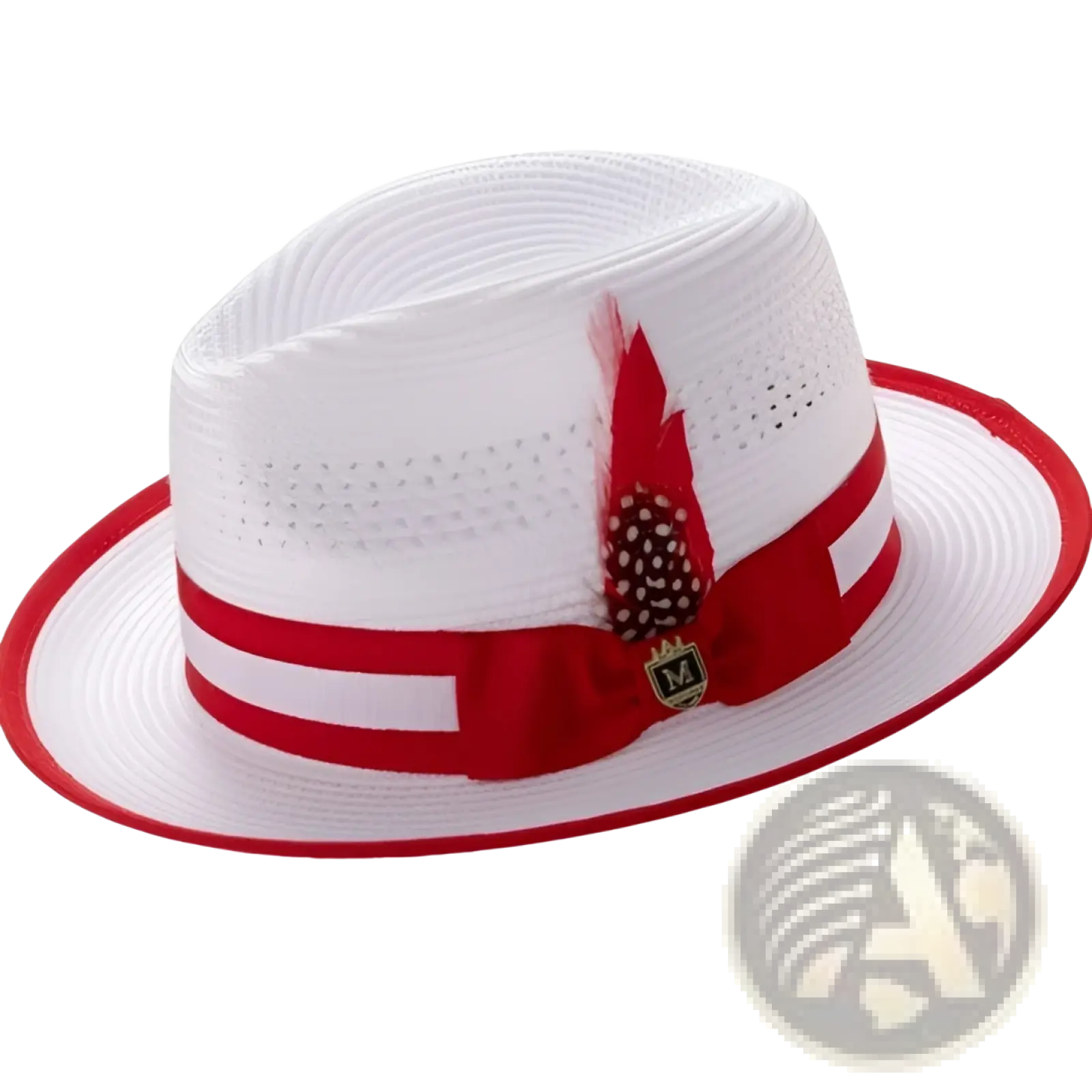 White straw fedora sun hat with red ribbon band and decorative feather accent for stylish sun protection