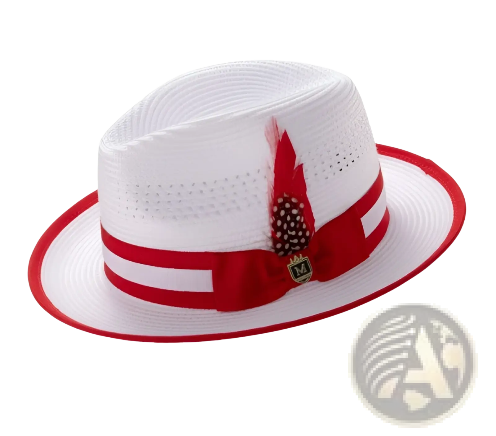 White straw fedora sun hat with red ribbon band and decorative feather accent for stylish sun protection