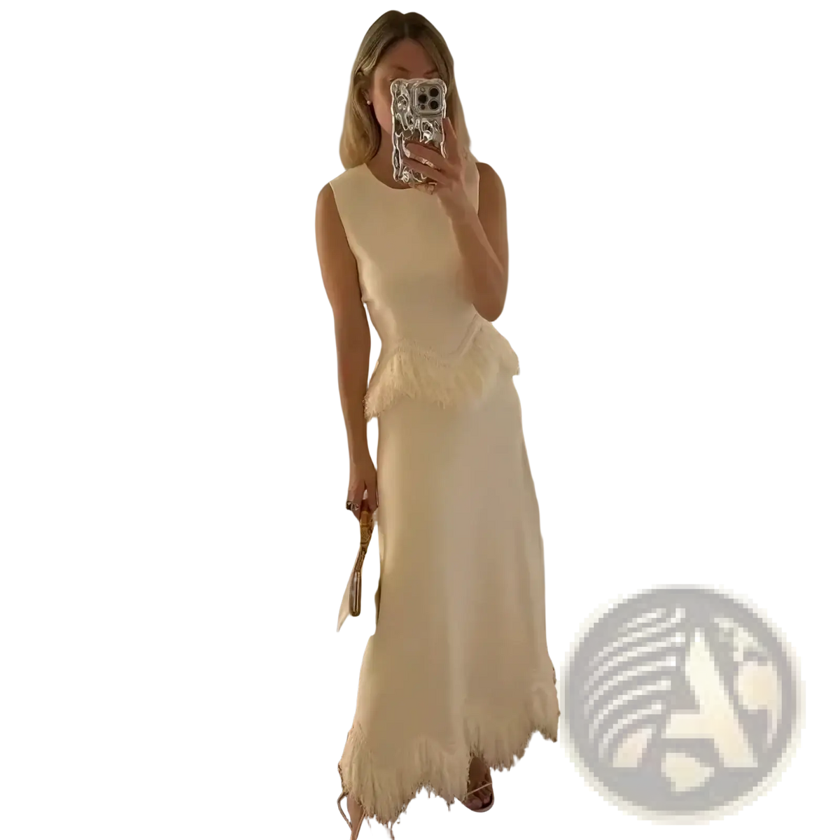 A cream-colored sleeveless maxi dress with fitted bodice and feather trim at waist and hem from feather trim two piece maxi dress set