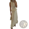A flowing off-white sleeveless maxi dress with fitted bodice and feathered trim at waist and hemline