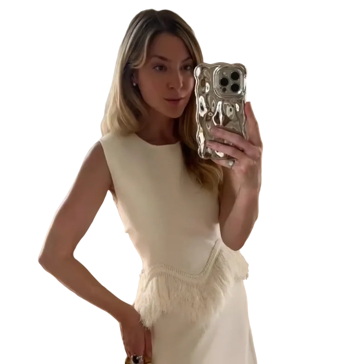 Silver textured phone case with a glossy sculpted surface shown with feather trim two piece maxi dress set