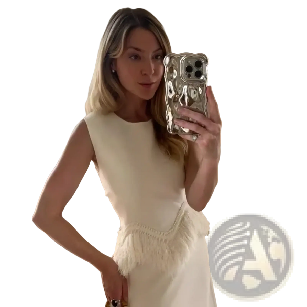 Silver textured phone case with a glossy sculpted surface shown with feather trim two piece maxi dress set